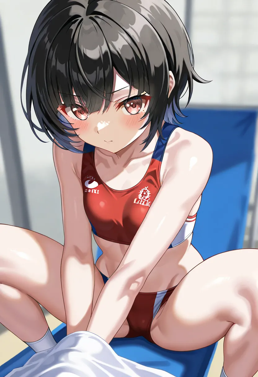 high image quality during sick leave　high quality　Highly detailed skin　Textured and tight white track and field uniform　 black shortcut sitting in front　beautiful hair　Small chest　 crouching start pose　back angle　 Groin Cut