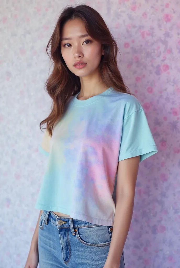 Design a women's t-shirt using light blue colors, blues,  pink and purple 