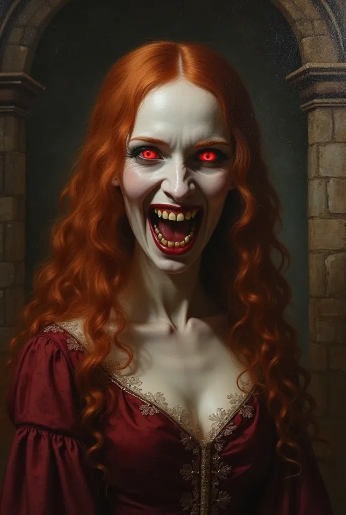 Oil painting of a very white very pale skin and very long copper haired woman face as Nosferatu with a creepy smile full of fangs and glowing red eyes wearing a rich garnet XVIII century wedding dress in a very dark castle at night.