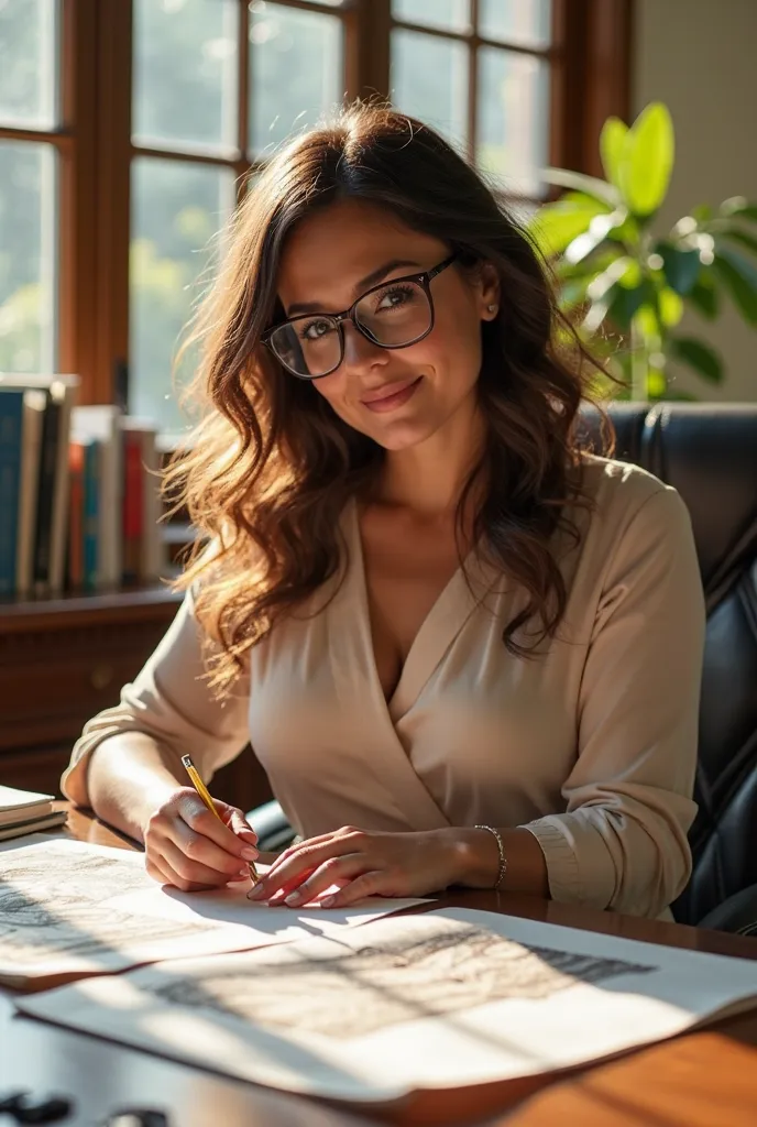 **"Robin, a stunning and curvy yet toned woman in her early 30s, sits confidently in her office, a radiant smile gracing her lips as she admires the dress designs laid out on her desk. Her soft, curly brunette hair cascades around her shoulders, framing he...