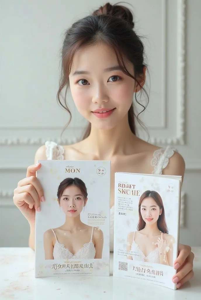 Plastic clinic advertisement：A Japanese beauty before and after breast augmentation，Several brochures，at the bottom of the screen have the name of the clinic and the QR code