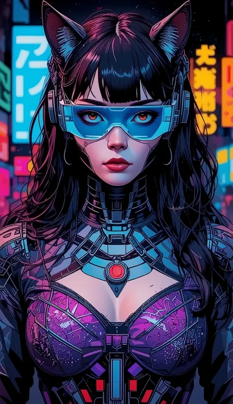 top-quality))、((masterpiece)、cyberpunked、catgirl, revealing cyberpunk clothing, purples, blues, reds, (andy warhol), illustrated anime, retro style classic, big breasts, no background, neon colorsplash background, glitter dust, ethereal, shiny skin,