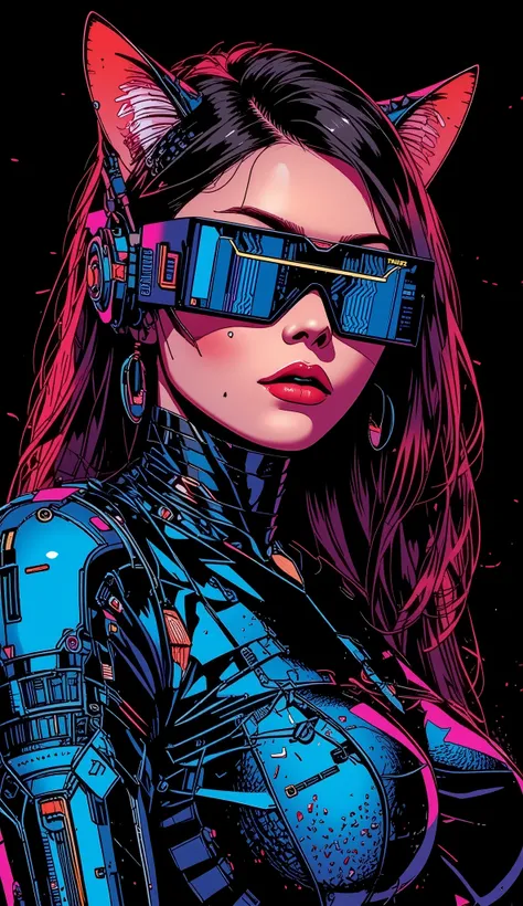 top-quality))、((masterpiece)、cyberpunked、catgirl, revealing cyberpunk clothing, purples, blues, reds, (andy warhol), illustrated anime, retro style classic, big breasts, no background, neon colorsplash background, glitter dust, ethereal, shiny skin,