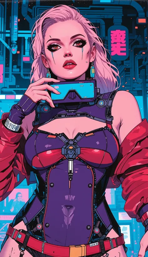 top-quality))、((masterpiece)、cyberpunked、catgirl, revealing cyberpunk clothing, purples, blues, reds, (andy warhol), illustrated anime, retro style classic, big breasts, no background, neon colorsplash background, glitter dust, ethereal, shiny skin,