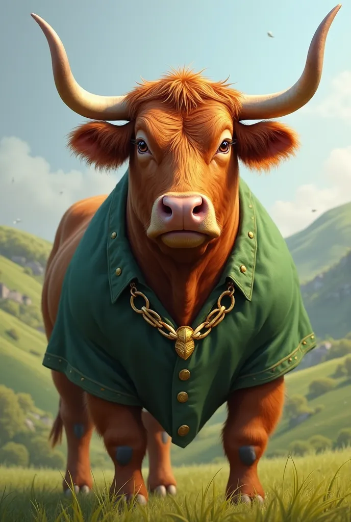 North Devon cattle bull face with red green shirt wearing gold chain 