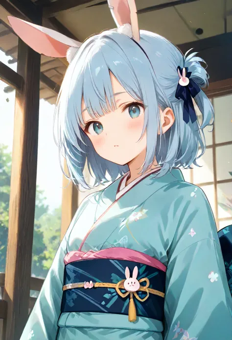 rabbit ears、fluffy、 kimono、broken ear、cute、light blue hair tied at the top、medium bob hair