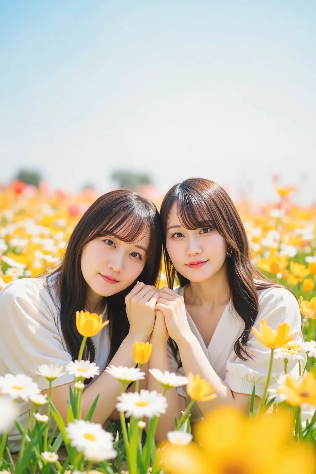 "Two twin women lying side by side in a flower field, holding hands. They have similar features, long flowing hair, and peaceful expressions. The scene is bright and serene, with colorful flowers such as daisies, tulips, and sunflowers surrounding them. Th...