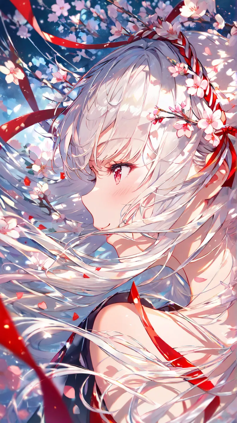  (masterpiece), ( top quality ), ( very detailed),(),(illustration), ( 1 girl) and stare gently,   beautiful scarlet eyes drawn in every detail, Delicate beauty,  色とりどりに咲くflower (Shine),  face(wink、close one eye), bungs,  flower,   Flowing Hair ,  best sha...