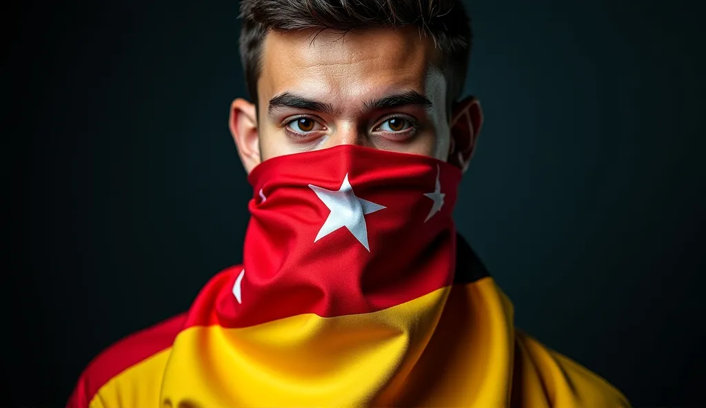 Close-up portrait: Turkish athlete (olive skin, defined cheekbones) wrapped in Turkish-German flag collage, symbolic nationalism, studio lighting."**  