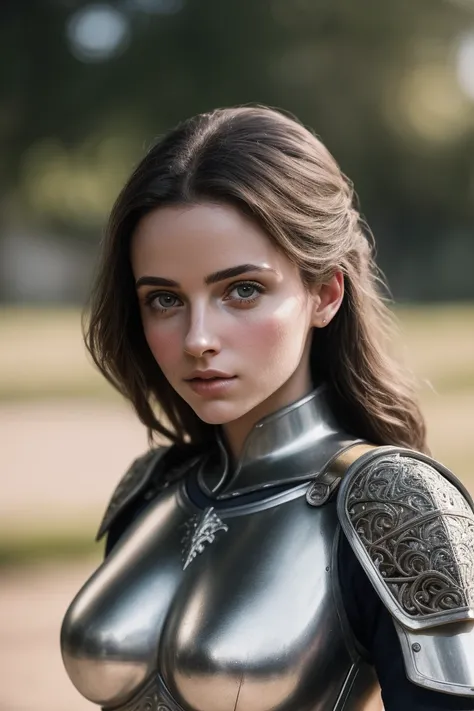 (masterpiece), (extremely intricate:1.3),, (realistic),  portrait of a girl, the most beautiful in the world, ( medieval armor),  metallic reflections , upper body, outdoors,  intense sunlight , Faraway Castle,  professional photograph of an impressive and...