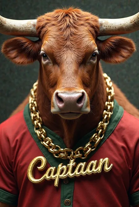 Devon cattle bull face with red green shirt wearing gold chain captaan write on gold chain 

