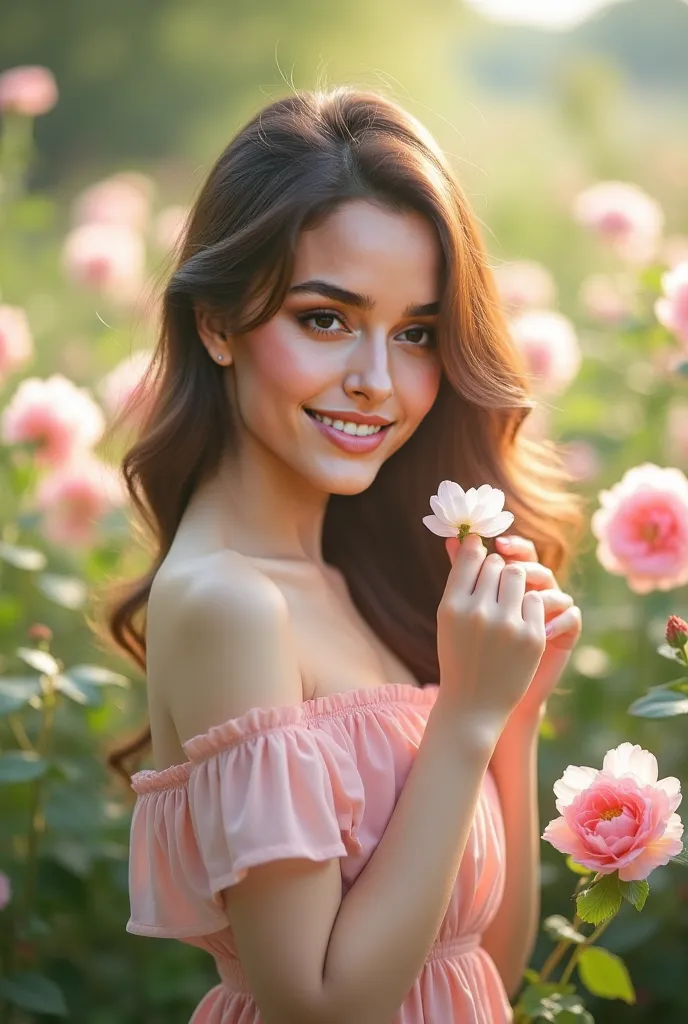 "A beautiful woman in a pastel dress posing in a lush flower garden. Soft pink and white flowers surround her as she gently touches a petal, with a serene smile. Sunlight filters through the leaves, creating a dreamy bokeh effect. Ultra-detailed, photoreal...