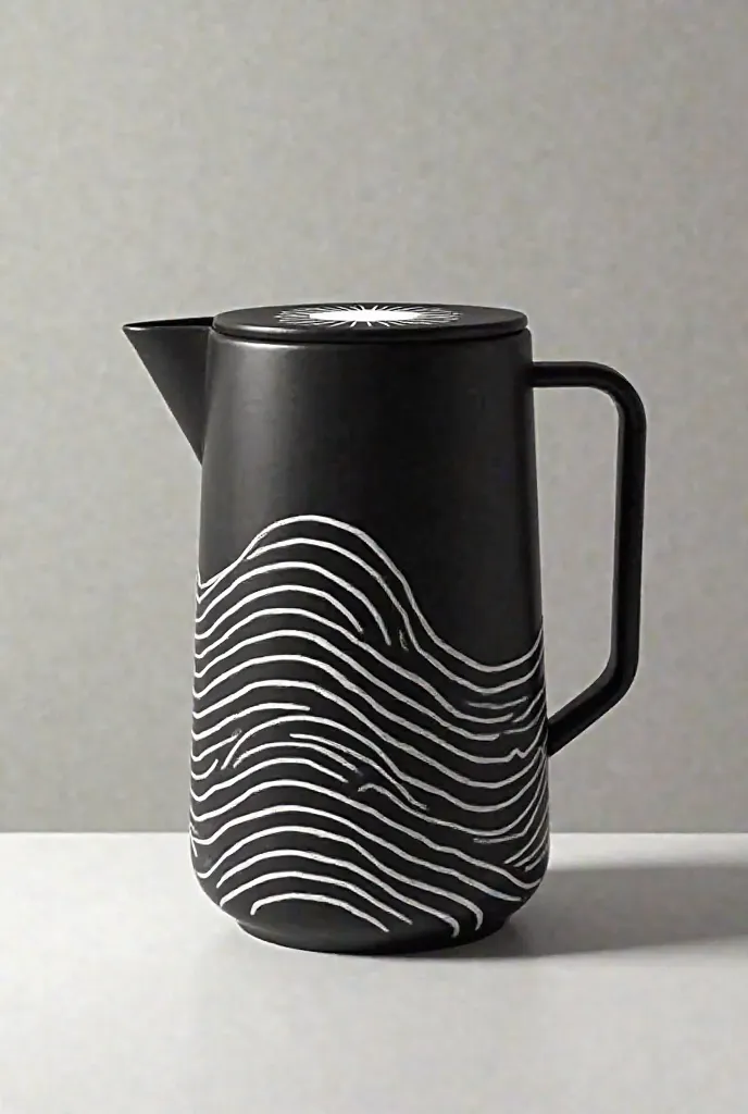 The water jug with the wave pattern as created is black and white and on the straight side lid there is a white sun