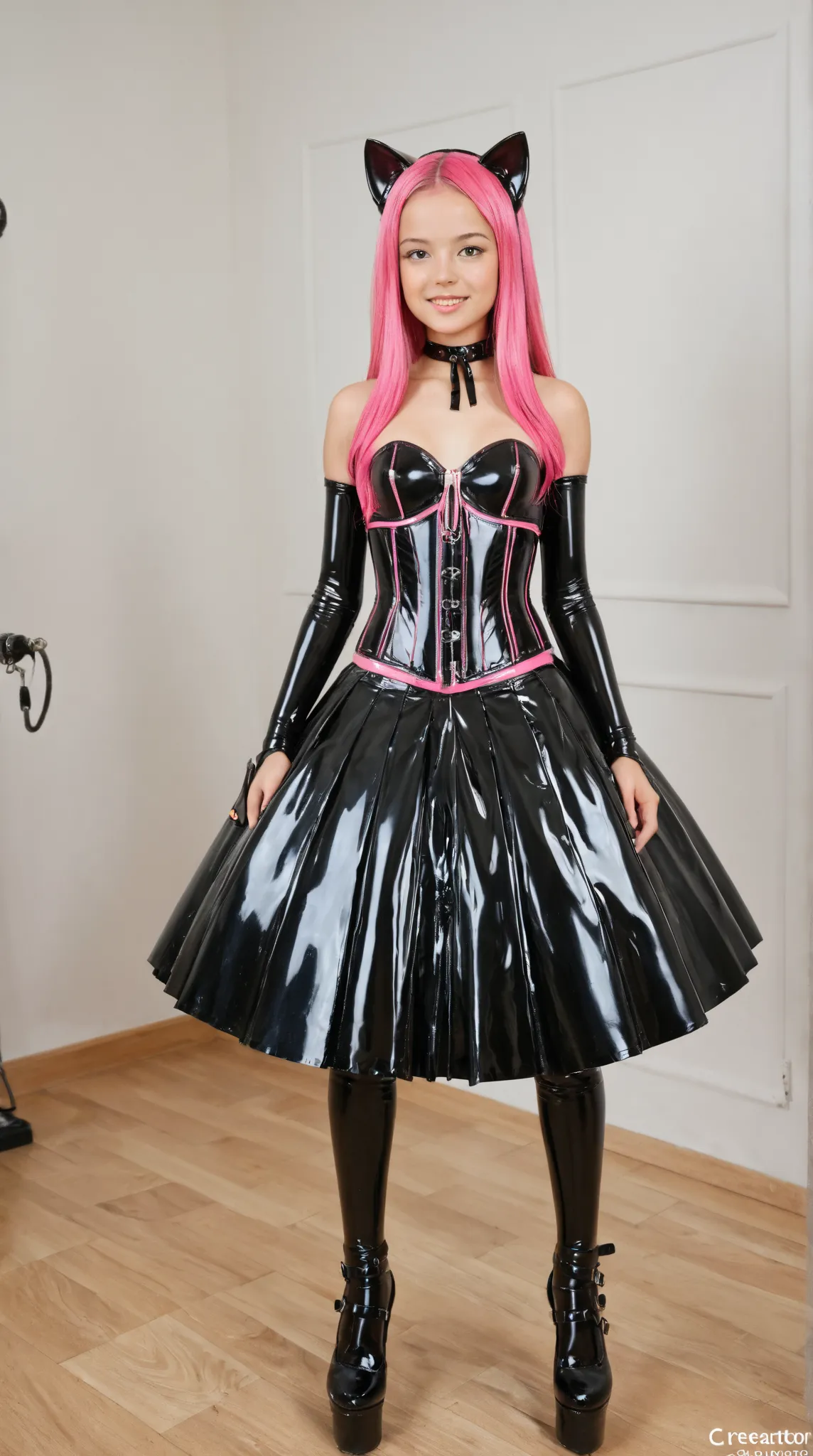 young woman,  slim, pink hair, latex pleated skirt,  straight long hair , small breasts,  zopf , cat ears, masterpiece , anatomically correct , UHD, super detailed, latex overknees, latex arm warmers long , latex underbust corset , View creator,  standing ...