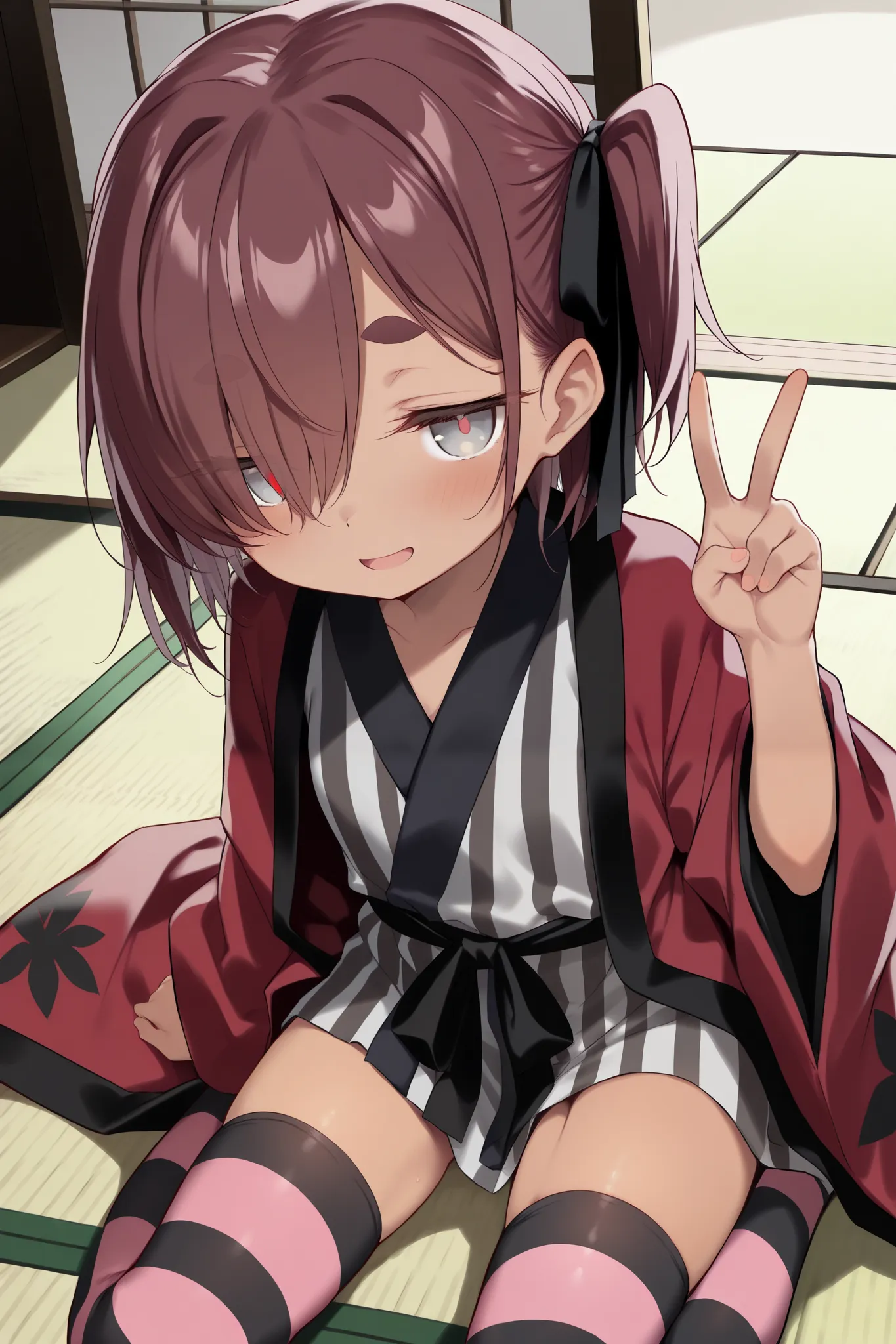 score_9, score_8_up, score_7_up, (dim, tatami), (solo, 1girl, gray eyes, brown skin, short hair, hair over one eye, one side ear, one side up, hair ribbon, black ribbon, burgundy hair), (((loli, thin, petite, short body))), (black gradation kimono, pink an...