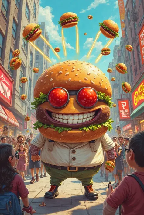 Capitaine burger avec des tomates à la place des yeux qui lance des burgers sur les gens 