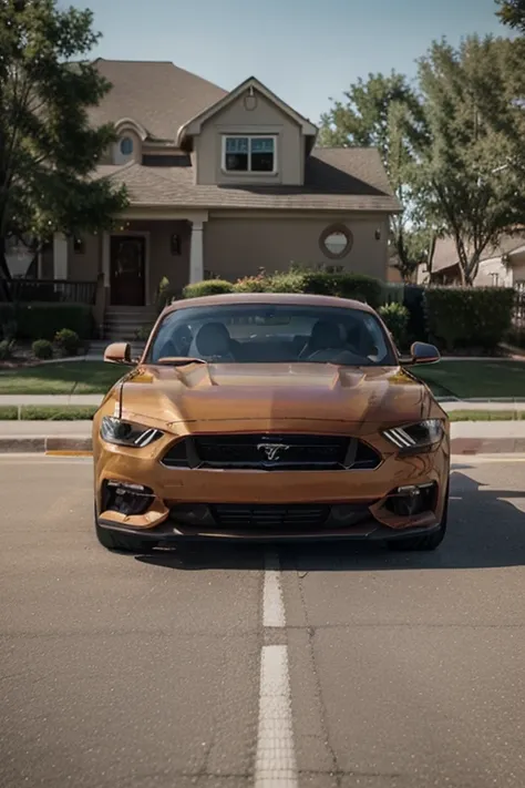 [Tesla Mustang : pickup electric car] parked in front of a classic American [Route 66 : suburban house]. Golden hour lighting. Highly detailed, photorealistic, 8k resolution.