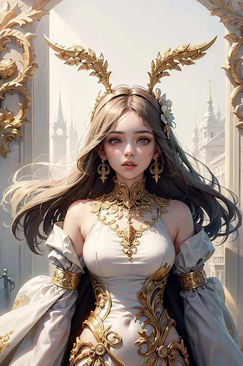 features a girl in a beautiful ivory gold style ensemble Generates captivating visuals. Her outfit combines rich hues of white and gold, Create a gorgeous and timeless look. surrounds her with intricate fractal art patterns that make it seem like they're a...