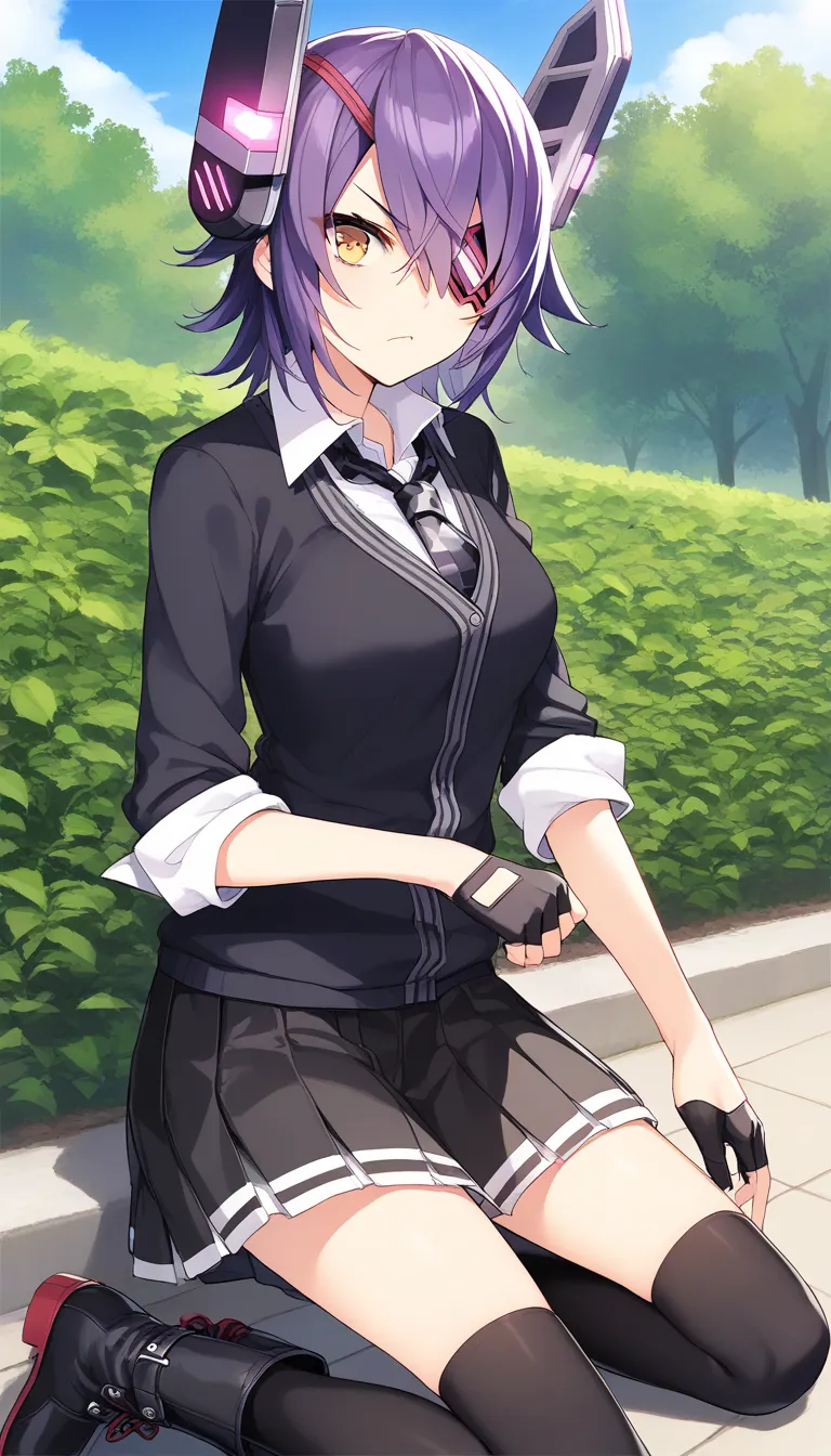 1 girl, Alone, Park,  tenryuu-kc, headgear for brainwashing, Eye patch, short hair, purple hair, yellow eyes, Tenryu Def-KC  , cardigan, tie, checkered tie, black skirt, miniskirt, pleated skirt, black thigh high for aa, boots, sleeves rolled up, long slee...