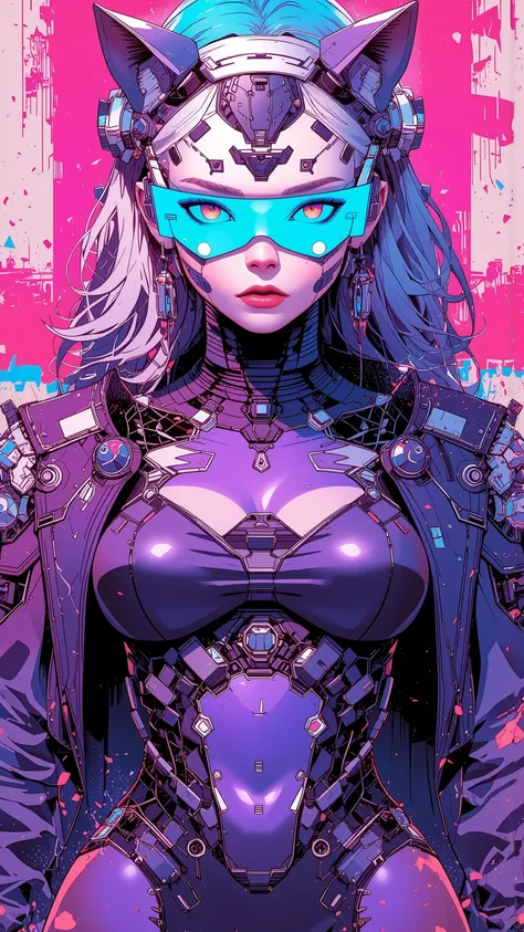 top-quality))、((masterpiece)、cyberpunked、catgirl, revealing cyberpunk clothing, purples, blues, reds, (andy warhol), illustrated anime, retro style classic, big breasts, no background, neon colorsplash background, glitter dust, ethereal, shiny skin,