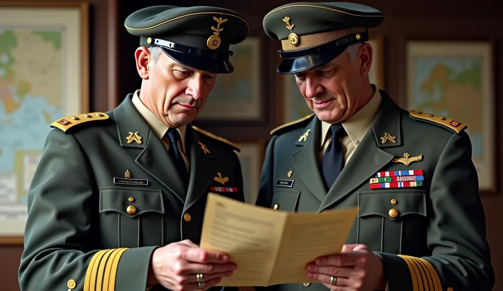 give me a hyper realistic and 8k image of Lieutenant Commander Ewen Montagu and Flight Lieutenant Charles Cholmondeley examining some documents, nodding with satisfaction during the war in 1943