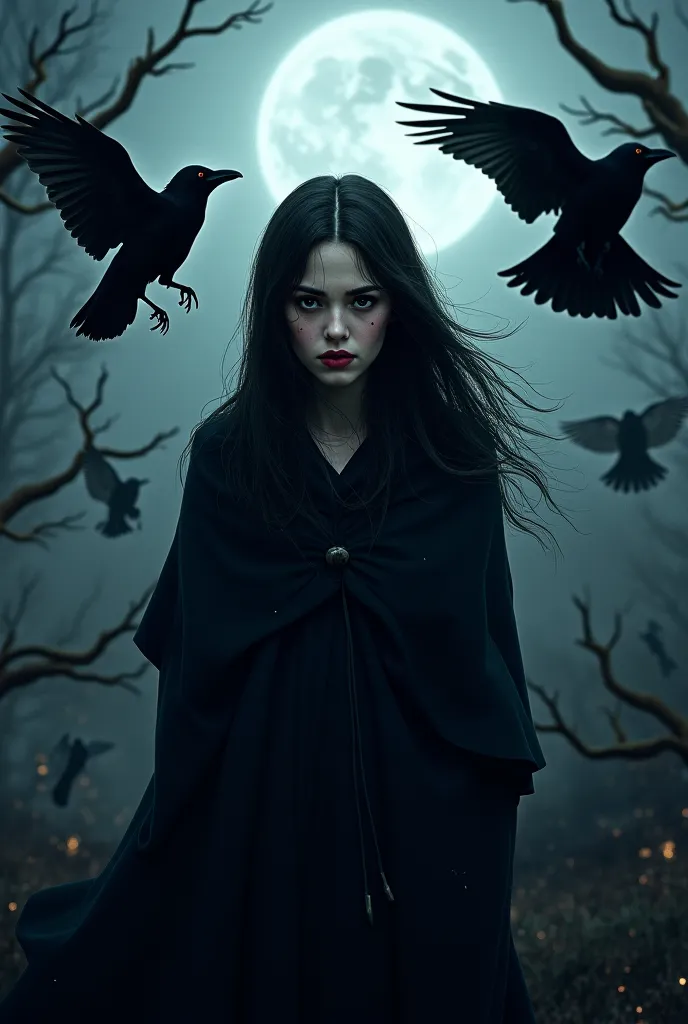 Create me a logo where a frightened lady is witch-themed in a dark landscape and surrounding ravens 