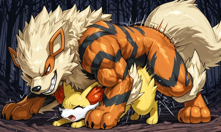 large feral arcanine, feral fennekin, mating press, [arcanine:on top, heavy weight bulky muscular, massive strong body, thick thighs, evil grin, looking down] [fennekin:lying, pain, close eyes, open mouth], motion blur, motion line, dark forest background