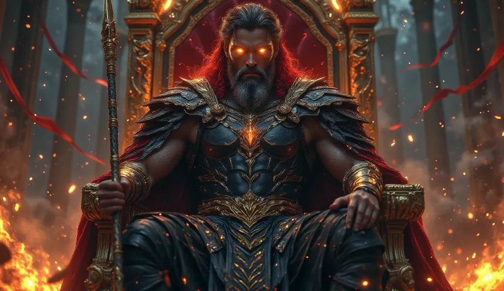 Ares Greek god of war yellow eyes reddish hair and beard and gray hair with black armor and a touch of gold sitting on his throne with a defiant look and a great stay with sparks and smoke 