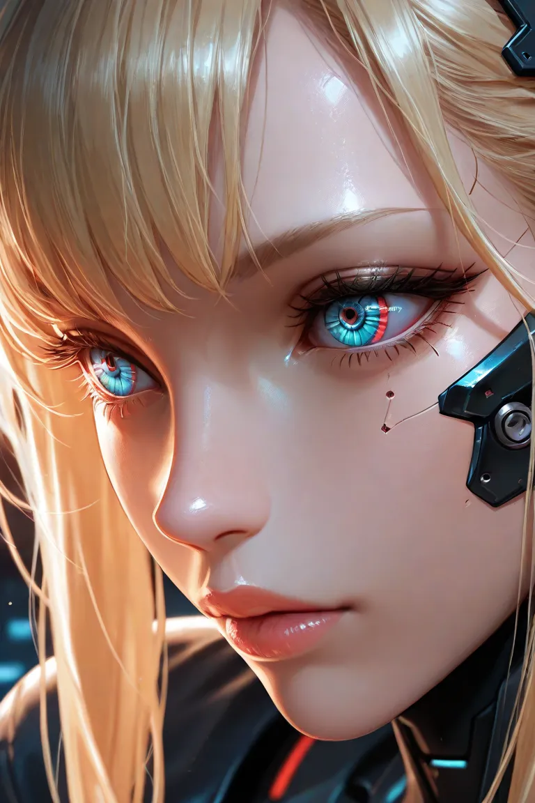 1girl, a beautiful blonde woman with a highly detailed intricate cybernetic eye, gears and sensors within eye, cyberpunk theme, close up, eye contact, ultra realistic,  high detail, masterpiece, sharp contrast