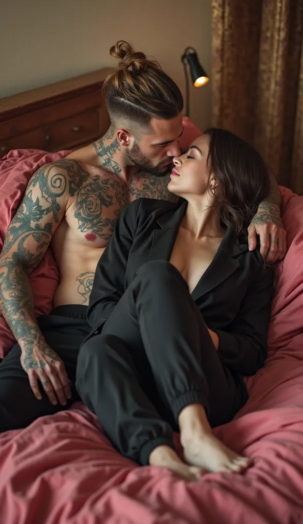 Dark blond and athletic fully tattooed man handsome kisses brunette young beautiful woman lying on bed, Boxspringbett, royal, Rosen, she is wearing a black jacket and pants and he is upper body free and is wearing black pants