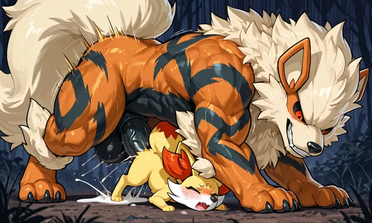 large feral arcanine, small feral fennekin, mating press, [arcanine:on top, heavy weight bulky muscular, massive strong body, thick thighs, evil grin, looking down, white semen puddle] [fennekin:lying, pain, blush, close eyes, big black penis, open mouth, ...
