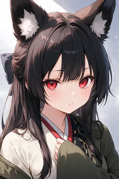 cool girl、black hair long、Combat Uniform、It has fox ears、I have a sword、cool、no expression、Red eyes、 kimono、白と黒の kimono、I'm wearing a dark green coat