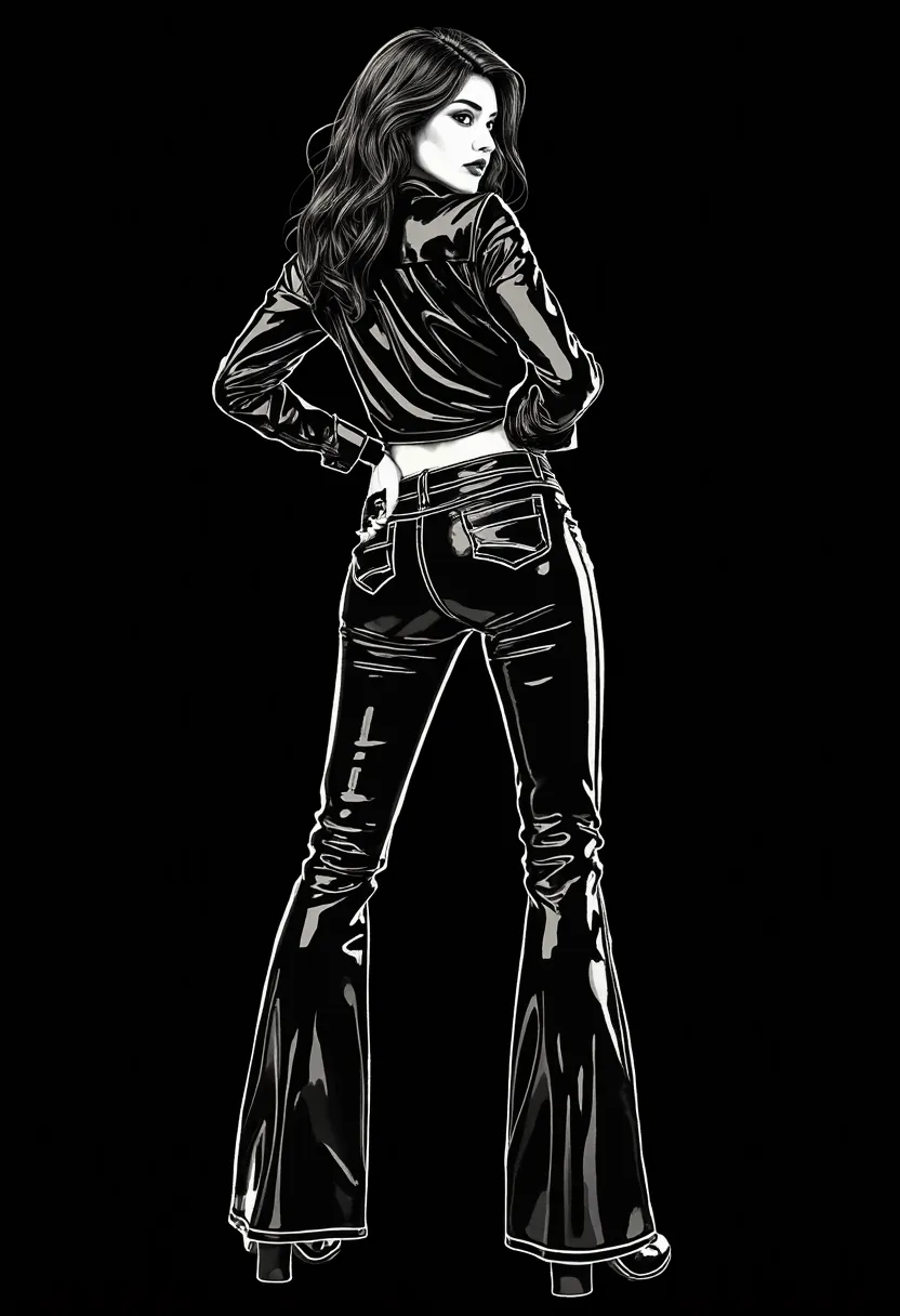  line graphics masterpiece,mature slutty diva,seductive flared jeans,blouse,  black background , turns back