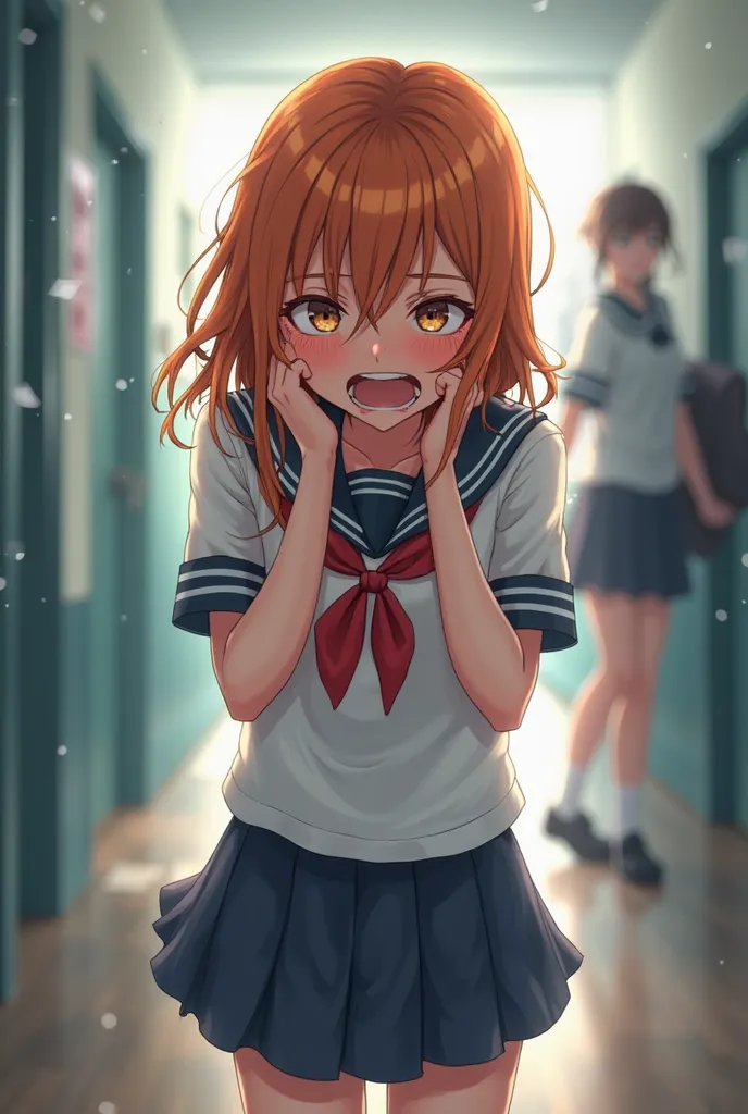 an anime school girl with ginger hair pissing her pants