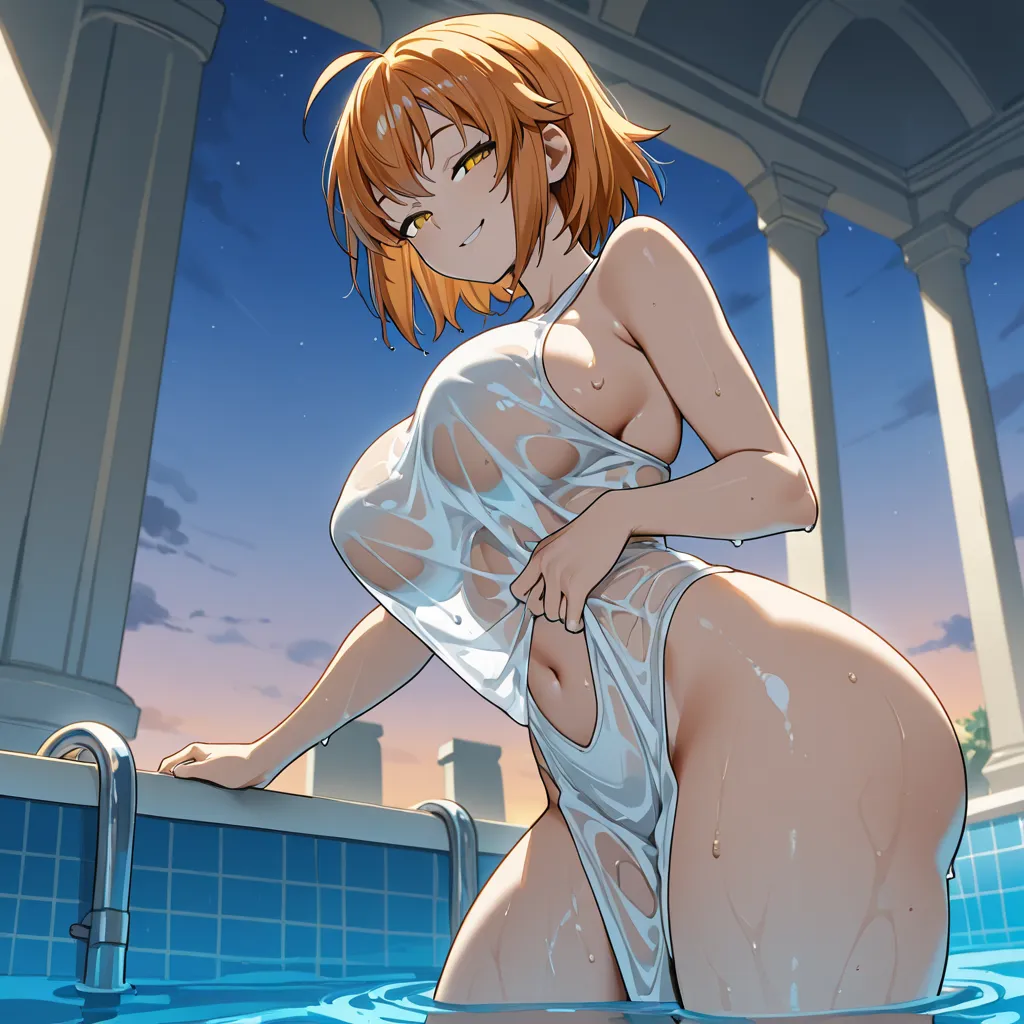 A perverse anime woman wearing transparent and wet white clothes has a big butt, big thighs and big breasts.. standing inside the villa pool with a seductive smile, yellow eyes and short hair that is graded sky blue and completely wet . The right hand hold...