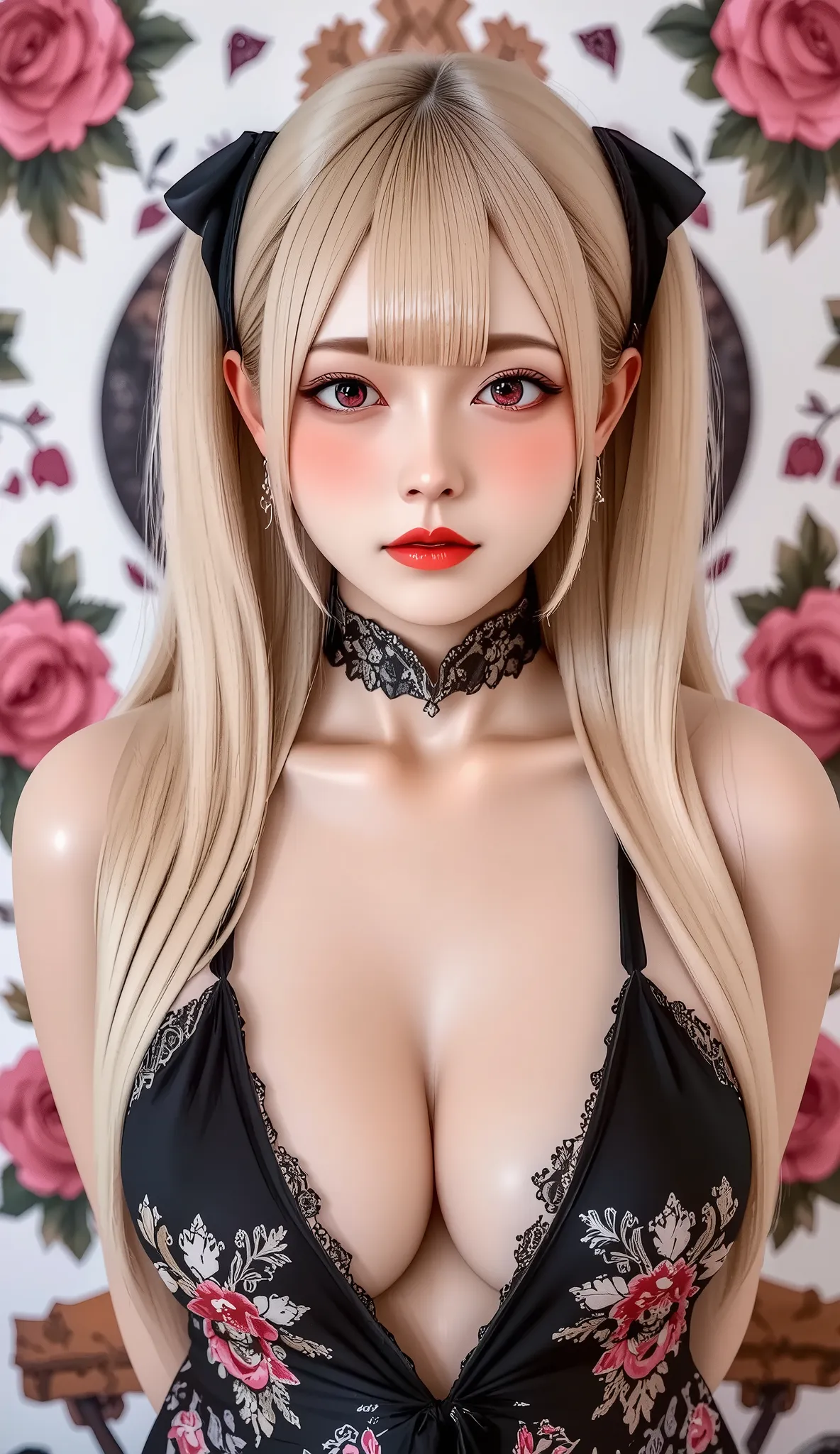 A beautiful asian woman with long straight white hair, straight bangs, big purple eyes, red lips, big breasts, amd very pronounced cleavage stands facing viewer, though an extremely modern girl dressed in colorful alternative harujuku fashion, framed by de...