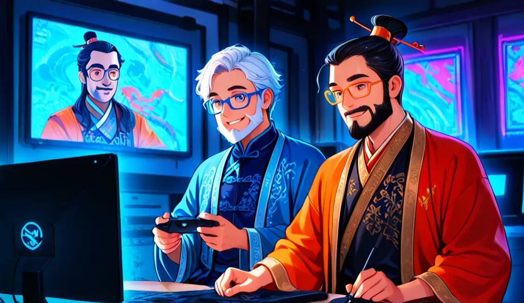 A minimalist and clean illustration in the style of Disney characters. Two men playing 'Sengoku Dynasty' on a computer inside a modern gaming room, illuminated with colorful LEDs and a high-tech setup. The first man has black hair and a black beard, wears ...