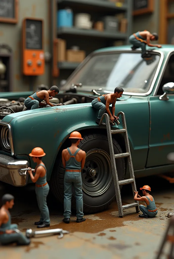 "A group of tiny human mechanics, each about the size of a screwdriver, are working together to repair a massive car. Some are under the hood, fixing the engine with miniature tools, while others are climbing the tires or using a small ladder to reach high...