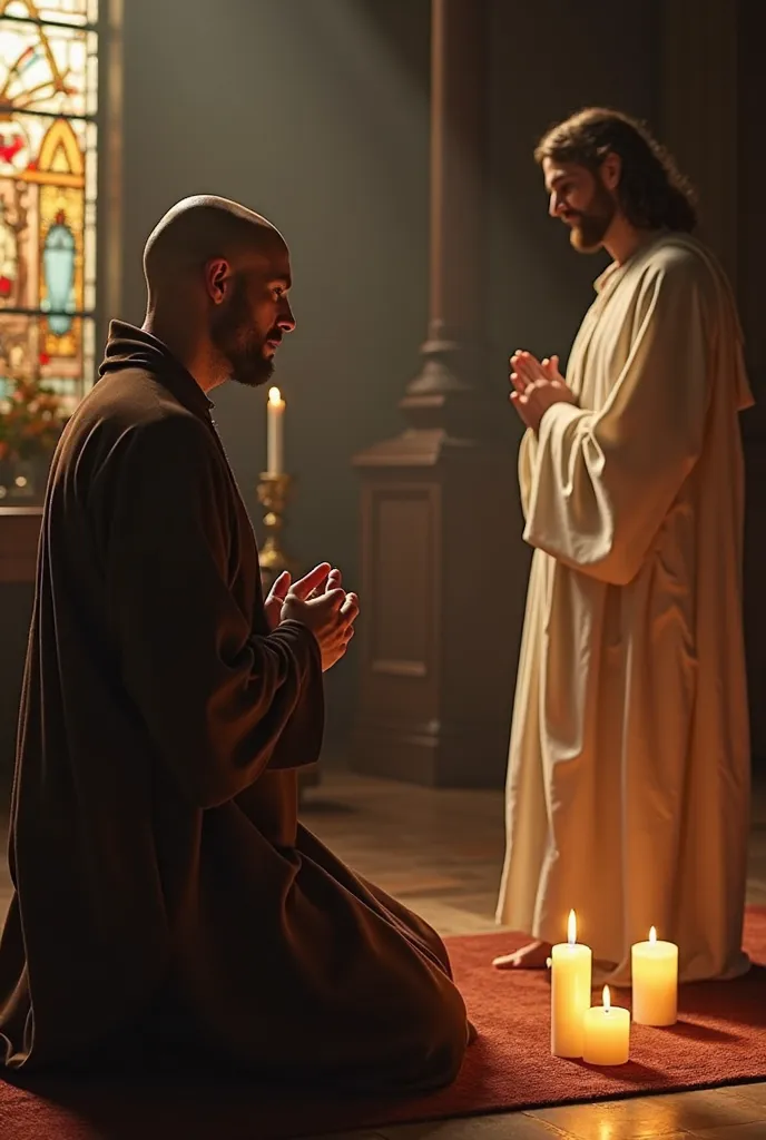 A bald, fair-skinned friar, without a beard, And without a mustache, wearing a traditional brown robe, kneels in deep prayer. He is positioned in a side profile,  with hands folded and eyes closed . The stage is dimly lit, illuminated by the heat of the ca...