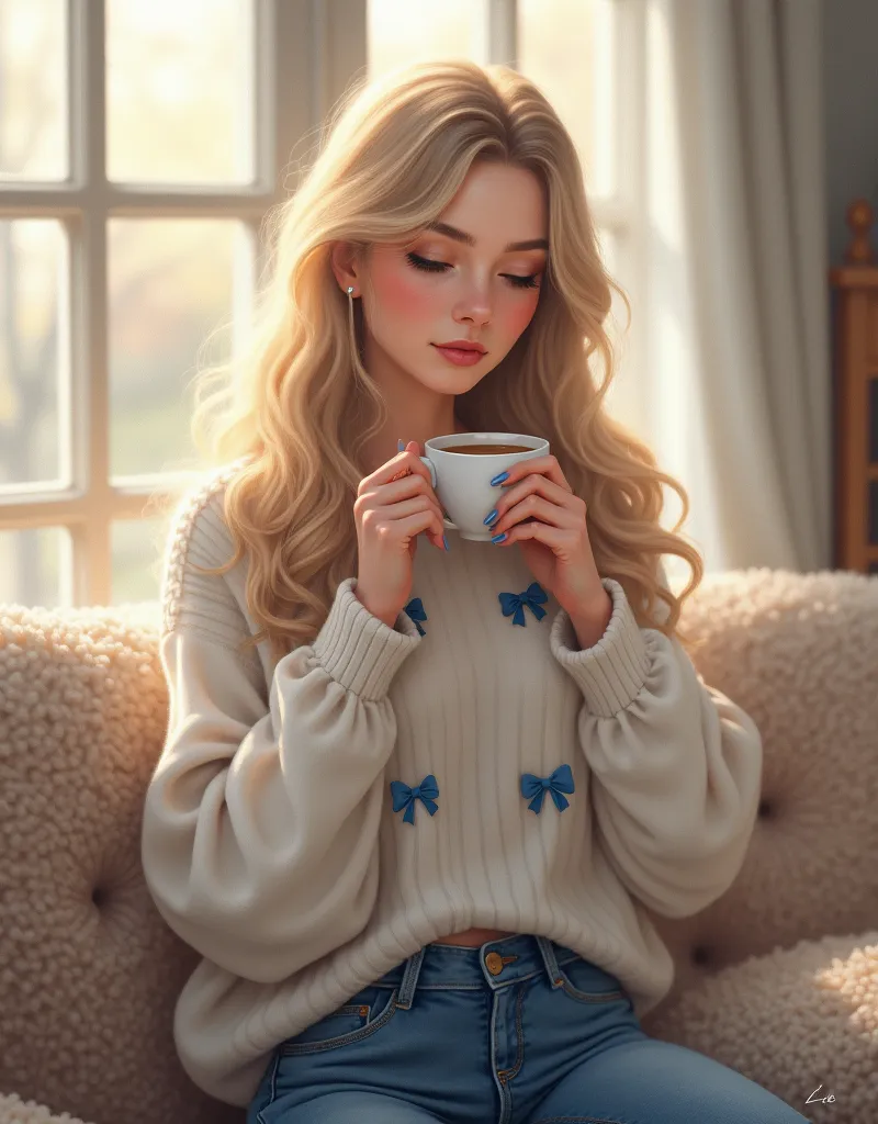 Woman (light skin)  with very long hair curled to the waist color blonde , drinking hot coffee in the living room wearing a short white sweater with blue bows and jeans