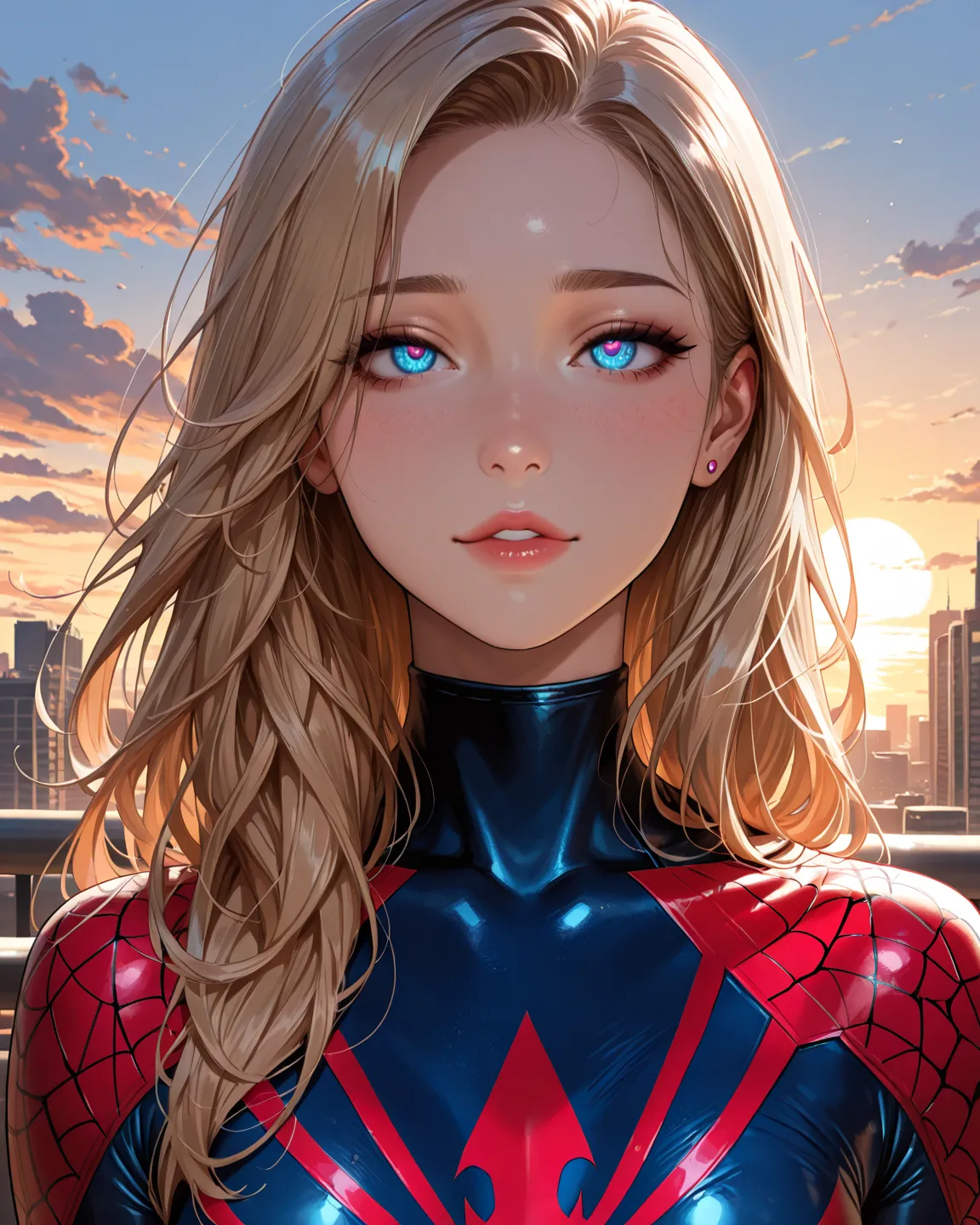 ((best quality)), ((masterpiece)), (detailed), woman 40 years old, She wears Spider-Man suit, ((Very detailed eyes and face)))), super beautiful body, she is giant and taller than the skyscrapers on both Her sides, the sun is at sunrise