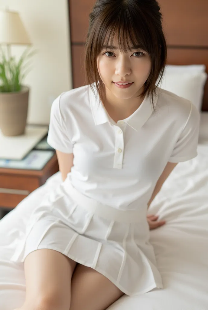 (Masterpiece, Best quality:1.4), (Ultra realistic, Photo-realistic:1.3), nsfw, ((Wearing white tennis uniform, White short-sleeve polo shirt with collar:1.3)), ((White pleated tennis skirt: 1.3)), (Wearing white sock: 1.2), (small breasts), Natural light, ...