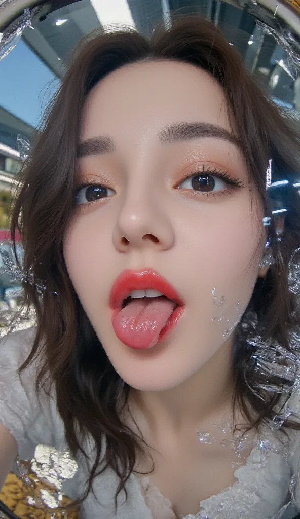 A close-up shot of a woman’s tongue, fisheye shot, women surrounded by glass, licking the glass, sticking out tongue, showing off tongue, flaunting tongue, detailed tongue, sexy tongue, ultra-realistic textured tongue, a single girl, lips, (saliva), starin...