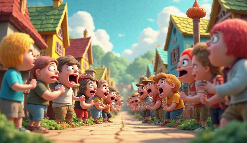 A 3D cartoon-style village divided into two groups, angry faces, yelling at each other.







