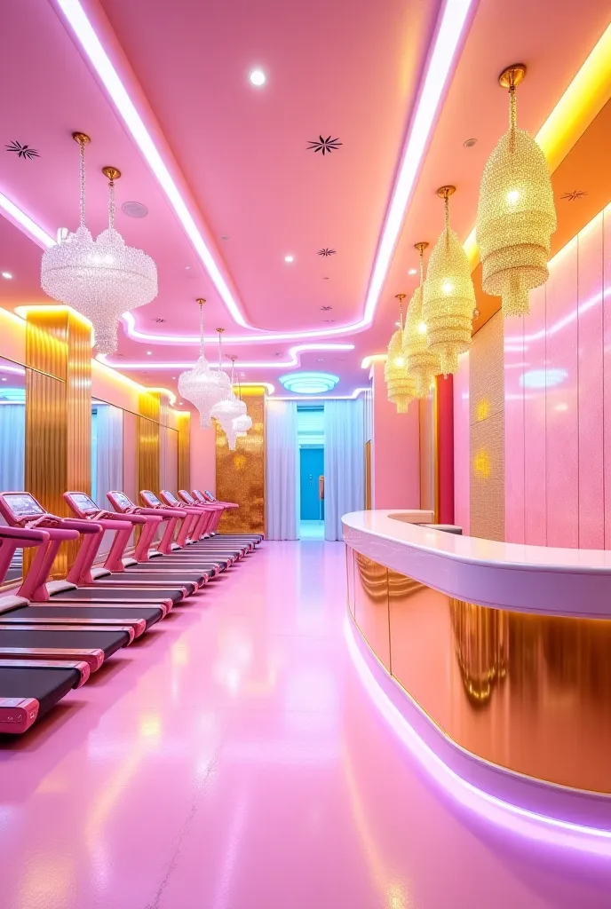 A glamorous and stylish fitness club interior in the aesthetic of L.O.L. OMG dolls. The gym features pastel-colored walls, golden accents, and sparkling details. The space is well-lit with elegant chandeliers and neon fitness-inspired signs. Luxurious work...