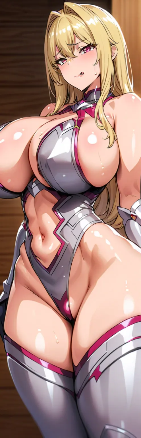  image of an anime girl , character: insomnia by Mushoku Tensei( silver armor with crimson details, sexy armor that only covers the nipples and groin, (huge breasts size H , perfect waist), sweat on the breasts , drops of sweat on the body, wasp's waist,  ...