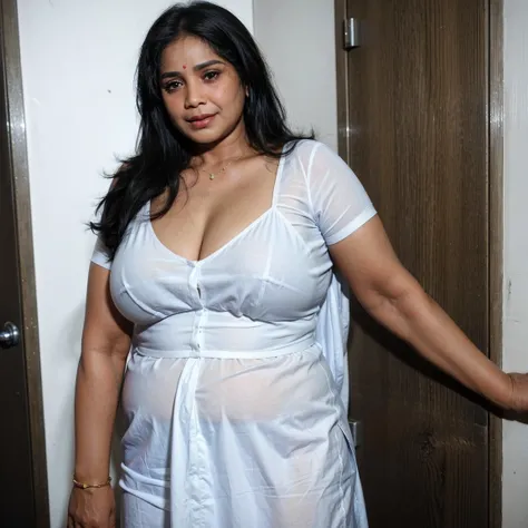 The 60-year-old Kerala woman,  dark skin , ugly, fat. He was wearing a white sheet cloth on his body, so that her cleavage was visible. He stood at the door.