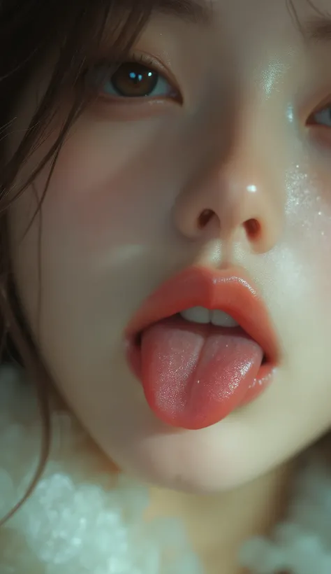 32K, masterpiece, top quality, ( beautiful Korean woman) Close-up shot of a woman's tongue、 fisheye shot,lemon , tongue out 、 tongue、 tongue 、 Detailed tongue 、 show off sexy tongue 、 tongue with super realistic texture drool 、 girl with 1 oracle,li...