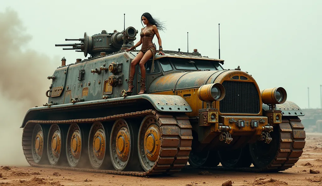 armored car on tracks, wide, on the vehicle's cabin a turret with an anti-aircraft gun, in the Steampunk style, on the hood sits an attractive girl in skimpy clothes, Steampunk style