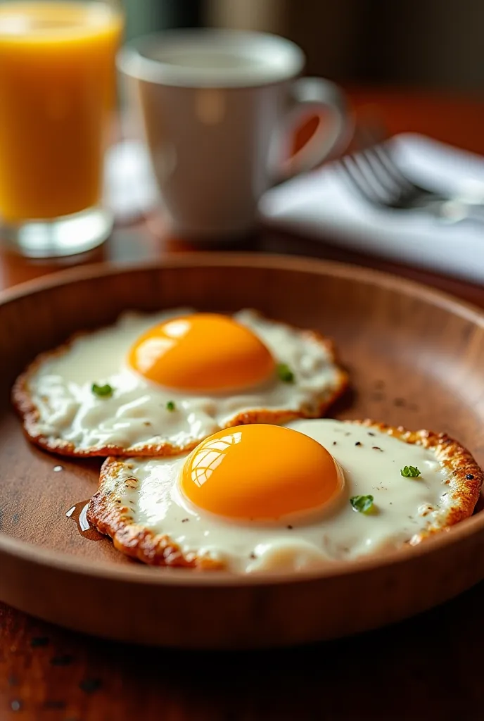 Fried eggs in a huge hotel and large eggs in a wooden dish. The table is luxurious 